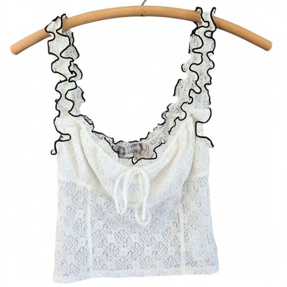 Urban Outfitters Small Elasa White Lace Ruffle Camisole Bustier Top Black Trim - Picture 2 of 7